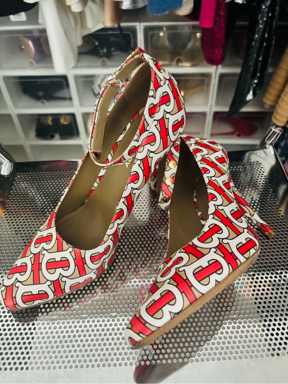 Burberry Red and White Logo Print Ankle-Strap Pumps